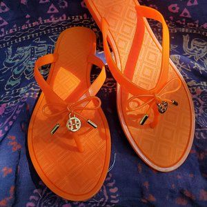 Tory Burch Orange Thong Sandal Size 8 Rubber Jelly Flip Flop with Bow & Logo